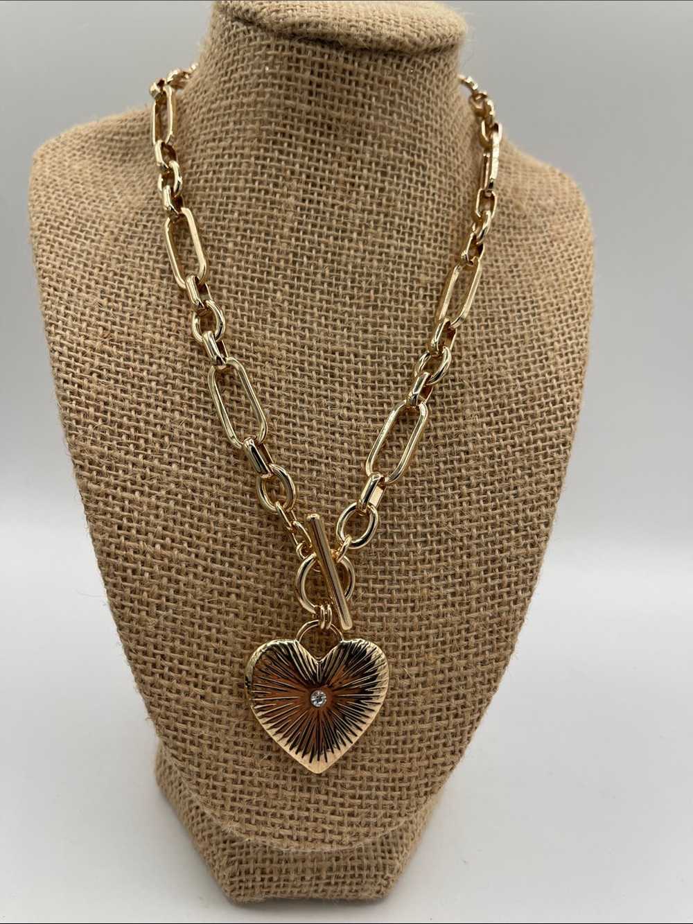 Gold plated sunburst heart charm necklace, Paperclip chain, Round Toggle